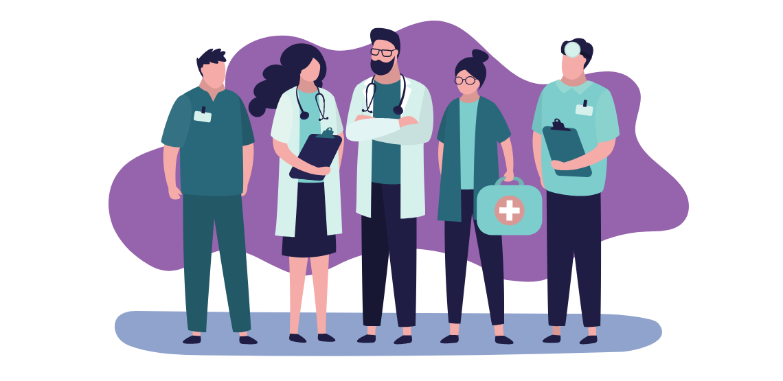 Illustration de 5 professionnels de santé côte à côte avec divers outils médicaux (stéthoscope, trousse de secours)